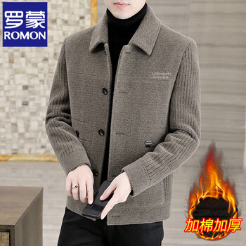 Romon men's woolen jacket autumn and winter new style lapel short high-end casual woolen jacket velvet thickened top 79906 camel color lapel cotton thickened xl about 125 pounds