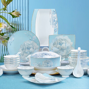 Red peony jingdezhen dish set household tableware complete set of light luxury gold-rimmed bowls ceramic plates bowls bone china bowls and chopsticks set moonlight peony 56 pieces supports microwave oven gift box