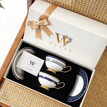 Wooch ouya blue couple cup and saucer gift box, high-end exquisite coffee cup for best friend to move into a new home, wedding souvenir ouya blue series cup and saucer matching cup + platinum gift box