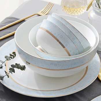 Huaguang bone china tableware set, ceramic bowl set, household light luxury tableware set, wedding housewarming gift, santorini, suitable for 6-8 people, 48 heads