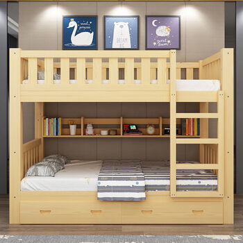 Enlightenment bunk bed solid wood bunk bed multifunctional double bed two-story high and low bed log bed + bookshelf + drawer + mattress upper and lower 1.5 meters wide * 2 meters long