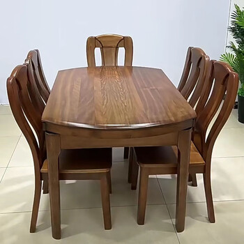 Tang gong golden sandalwood solid wood dining table and chairs, a complete set of high-end small apartment retractable square table for 10 people, sandalwood color, one table and six chairs, 1.35m, all solid wood
