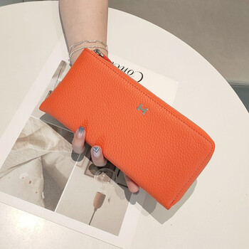 Sephoron cowhide thin long wallet women's versatile 2026 new soft cowhide simple casual zipper wallet can hold mobile phone orange