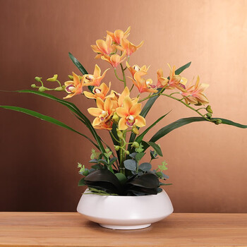 High-end cymbidium artificial flowers with vase set decorations home living room tv cabinet dining table front desk decorative flowers white vase + yellow set