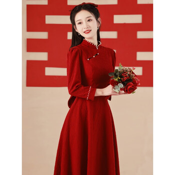Jia long mingxiu little toast wear bridal cheongsam burgundy engagement dress dress women's return wedding long sleeve autumn and winter burgundy m