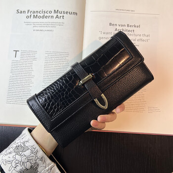 Woodpecker (tucano) simple and elegant crocodile pattern long wallet women's mobile phone bag large capacity multi-functional folding wallet women's clutch black