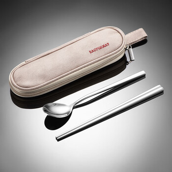 Bauformat 304 stainless steel chopsticks and spoon set german bag box adult student portable tableware three-piece set fresh khaki portable bag + chopsticks + spoon