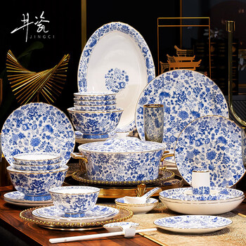 Jingci jingdezhen light luxury blue and white high-end bone china tableware set chopsticks dishes bowls hotel gift for moving into a new home enamel blue and white-princess pot丨10 people丨80 heads