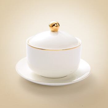 Lifeeyes hotel restaurant yuanbao ceramic tableware bird's nest dessert bone china mini baby waterproof stew cup with lid new 300ml (gold edge) - with spoon