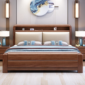 Maiyayue walnut solid wood bed modern simple 1.8m double soft bed new chinese style 1.5m single storage walnut bed 1500*2000mm frame style