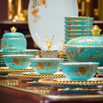 Jinglezhong jingdezhen high white mud underglaze color tableware set for home relocation chinese dishware set high-end ceramics duozi duofu high-end leather box packaging 48-piece set