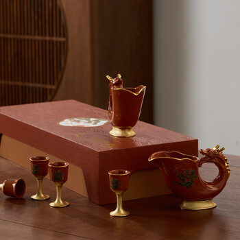 Moutai cultural tourism zodiac wine set, chinese porcelain, kweichow moutai, cultural and creative ceramics, white wine cups, pots, cups, wine dispenser set, high-looking gift, year of the dragon (2 pots, 8 cups)