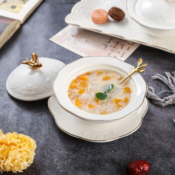 Jiayi chulian european-style golden swallow dessert bowl embossed stew pot with lid, water-proof stewed bird's nest bowl, soup cup, breakfast soup bowl, steamed egg bowl, xiangyan round bowl