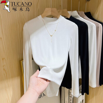 Woodpecker long-sleeved t-shirt bottoming shirt for women in spring, autumn and winter. it can be worn outside the shoulder to look slim and wear a half-high collar top. white l