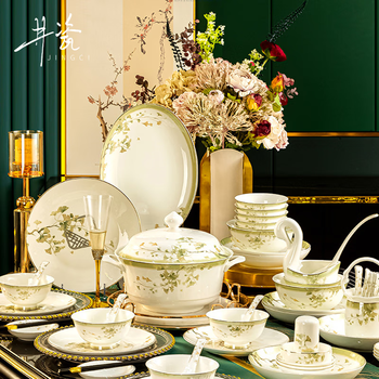 Jingci jingdezhen chinese bone china tableware set, chopsticks, plates and bowls, high-end hotel housewarming gift, wedding gift, lucky star, food for 10 people, 60 heads
