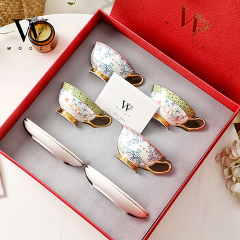 Wooch green summer ningxiang wedding gift coffee cup box set four cups and saucers afternoon tea housewarming housewarming gift for newlyweds green summer ningxiang series four cups and saucers-red gold gift box