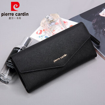Pierre cardin women's wallet long cowhide wallet large capacity versatile clutch bag tri-fold women's wallet mother's day gift black