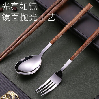 Muzhi portable tableware, chopsticks and spoon set, student and office worker cutlery box, portable chopsticks, spoon and fork three-piece set, silver spoon + fork + chopsticks (with box + bag)
