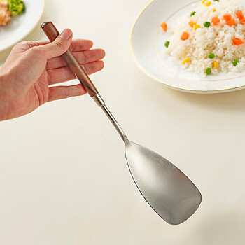 Onlycook 304 stainless steel serving spoon hotel restaurant large serving spoon serving spoon public walnut long handle spoon 304 walnut serving spoon single