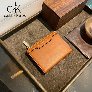 Casa-kups women's bag niche high-end wallet women's short thin multi-card zipper buckle retro soft leather student card bag brown