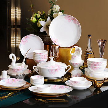 Red peony jingdezhen bone china bowls and plates tableware underglaze color household ceramic tableware complete set of chinese style housewarming gift bowls and plates chopsticks ink dyed flower underglaze color 72 scalp box packaging