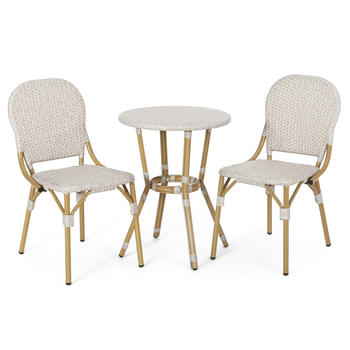 Christopher knight home french outdoor bistro table and chair set, imitation rattan, gray bamboo pattern, 3 pieces 10.4kg