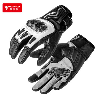 Motowolf motorcycle gloves, windproof and fall-proof motorcycle racing equipment, carbon fiber for men and women, suitable for all seasons, upgraded black and white, genuine leather + carbon fiber, windproof for all seasons, l two-finger touch screen