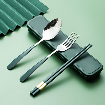 Portable tableware for picking up paintings, stainless steel fork spoon + alloy chopstick set, adult student travel box set of four