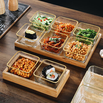 Genasi divided dipping dish, snack platter, household dish, hot pot sauce dish, seasoning dish, oil dish, vinegar dish with tray, 6 gold-rimmed glass bowls + six-grid bamboo plate