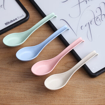 Wheat straw long-handled spoon, creative household spoon, multi-color spoon tableware, korean plastic tilt-up spoon, tilt-up spoon, mixed color, four pack