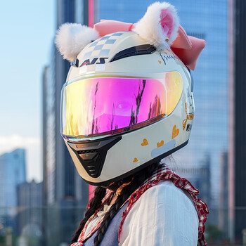 Aishi 2025 new motorcycle helmet female electric car bluetooth cute full helmet motorcycle summer four seasons 3c certified ultra-light meter dream cat white mirror + cat ears gift electroplated mirror xl (medium) recommended 59-60 head circumference