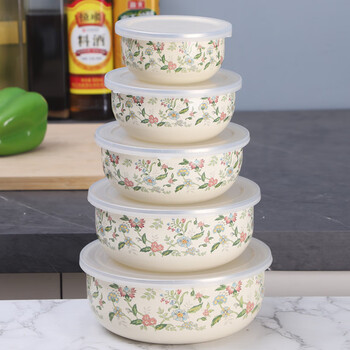 Oulijia three-piece enamel five-piece set enamel enamel bowl set with lid refrigerator bowl box salad bowl vegetable bowl bauhinia 10cm-18cm