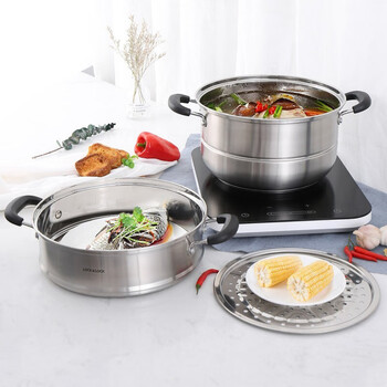 Lock&lock household stainless steel induction cooker gas universal double-bottomed steamed buns, fish and buns soup pot 28cm round bottom