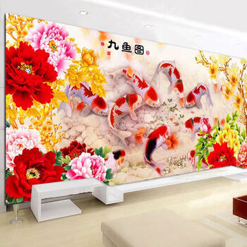 Kecss nine fish picture peony flower cross stitch 2025 new line embroidery living room self-embroidery handmade full embroidery atmosphere flowers blooming wealth cotton thread 150*60 cm medium grid 3-strand thread embroidery