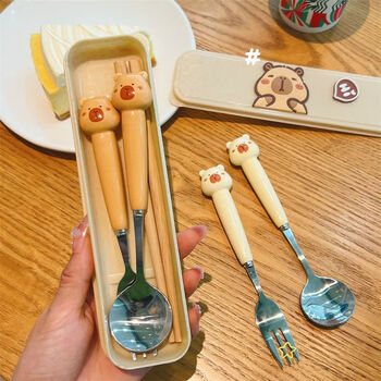 Fanxiang cute ins kapibala spoon, fork and chopsticks three-piece set high-looking student and children portable tableware set # ins kapibala (brown) spoon + chopsticks + diy box three-piece set