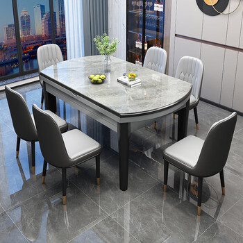 Chunhua qiuyue slate dining table and chair combination modern simple light luxury dining table household retractable and foldable solid wood round table dining table bright italian gray-black gray frame-12mm thickened rock 1.2 meters dining table + 4 chairs pineapple chair