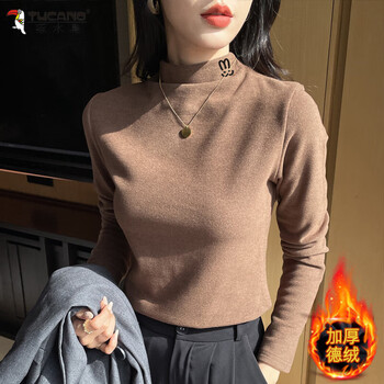Woodpecker german velvet half turtleneck bottoming shirt for women in autumn and winter with velvet thickening 2025 new style long-sleeved warm top khaki color autumn and winter warm german velvet m recommended within 95 pounds