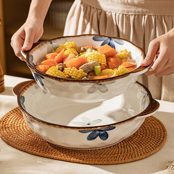 Modern housewife ink blue sauerkraut fish large basin bowl plate underglaze color double ear soup basin household 2025 new large soup bowl 12 inch double ear sauerkraut fish soup bowl