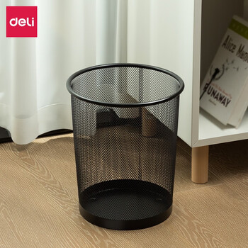 Deli metal grid trash can household cleaning garbage large barbed wire mesh coverless paper basket kitchen toilet bathroom barrel without cover black 11l medium metal mesh - diameter 266mm