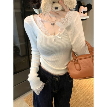 Ershanji lace splicing sweater spring slim fit pure lust style v-neck with white bottoming long-sleeved top for women white one size fits all recommended 80-110 pounds