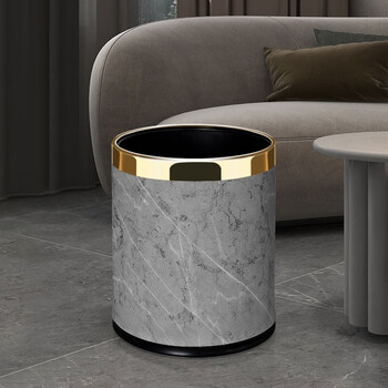 Mavobo trash can, living room, light luxury, modern minimalist, kitchen, bedroom, toilet, large capacity, office, hotel, customizable, no cover, high-grade gray marble, 10l gold circle