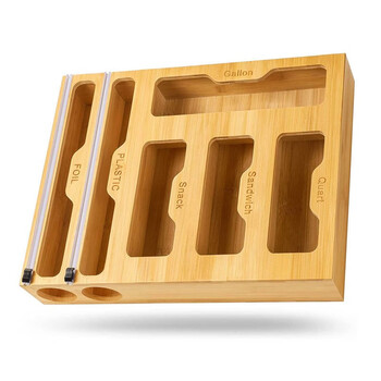 Porince plastic wrap cutter storage box bamboo and wood plastic bag storage box storage box wooden garbage bag neat storage box 43*33*7.6cm
