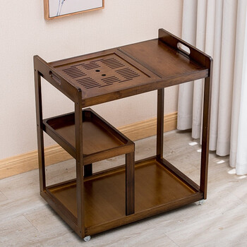 Qi gongzi tea table table household mobile tea cart tea rack trolley office balcony coffee table solid wood kung fu tea table walnut tea cart with cover