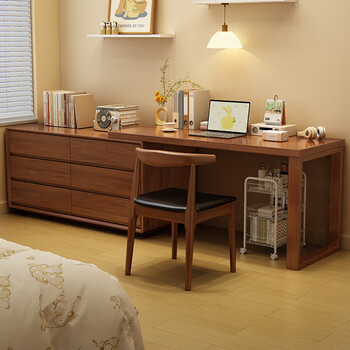 You brand pure solid wood dressing table desk bookcase combination home writing desk bedroom retractable computer integrated table walnut color single table + six drawer cabinet + horn chair 120x40x81cm