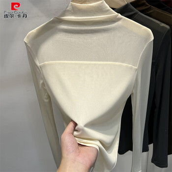 Pierre cardin half turtleneck mesh long-sleeved t-shirt for women 2025 early autumn new style foreign style inner lace bottoming shirt top apricot m