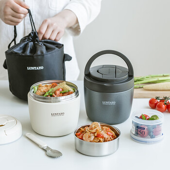 Luntayo japanese 316 stainless steel insulated lunch box for office workers, large-capacity double-layer insulated bucket, lunch box for students with cutlery, dark gray 1l