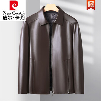 Pierre cardin haining removable lining down genuine leather jacket winter middle-aged men's lapel zipper sheepskin casual jacket brown m 170