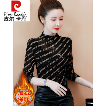 Pierre cardin fashionable bottoming shirt for women spring, autumn and winter 2023 new inner mesh top, fashionable and velvet t-shirt, black (velvet style) xl 115-125 catties
