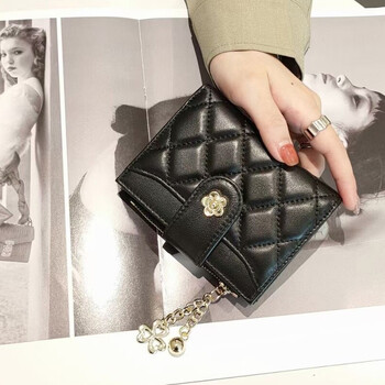 Sephoron 2026 new genuine leather thin short folding wallet multifunctional coin purse small fragrant camellia money clip sheepskin black