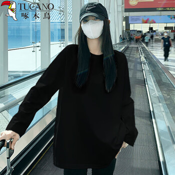 Woodpecker bottoming shirt for women 2025 spring and autumn mid-length long-sleeved t-shirt for women with pure cotton loose versatile top black xl